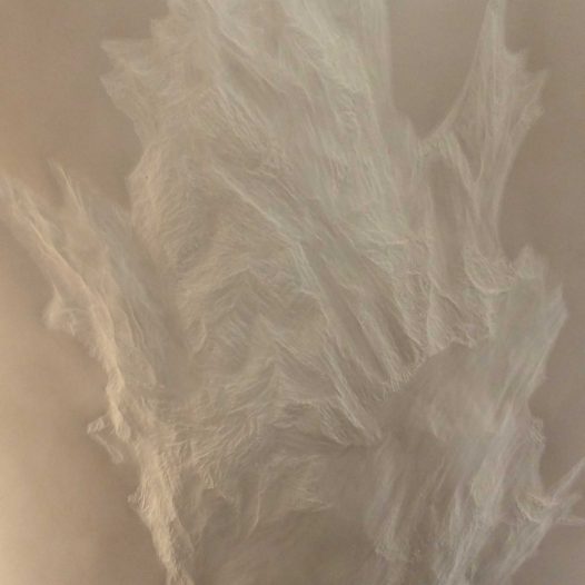 Weißes Blatt in Wachs, 2018 (Detail), 220 x 107 cm, Papier, mit Buchenkolben bearbeitet, Bienenwachs