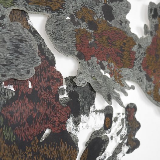 Pangea Ultima, 2020 (Detail), Acryl / Farbstift auf Papier (Wandinstallation), 140 x 80 cm